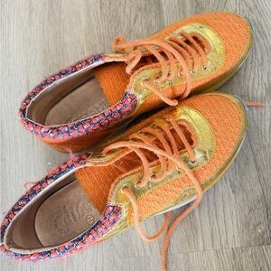 CHANEL Orange Tweed and Gold Accent Sneakers